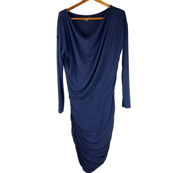 Body Con Athleta Solstice Navy Blue Draped Neck Midi Dress, Women's Size Medium - Picture 7 of 9